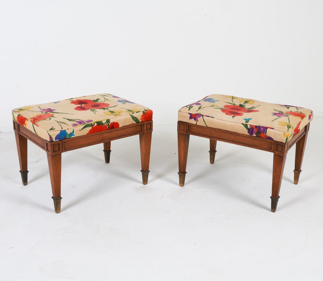 PAIR OF WEIMAN NEOCLASSICAL STYLE ET FOOTSTOOLS: Walnut. Labels to underside. Brass feet caps. Dimensions: H 16" x W 21" x D 16" Condition: Oxidation to cushions. Tarnishing on brass caps. Candidates for restoration.