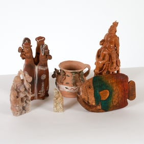 GROUPING OF CLAY & WOOD SCULPTURES