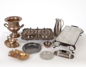 GROUPING OF SILVERPLATE, BRASS & PEWTER