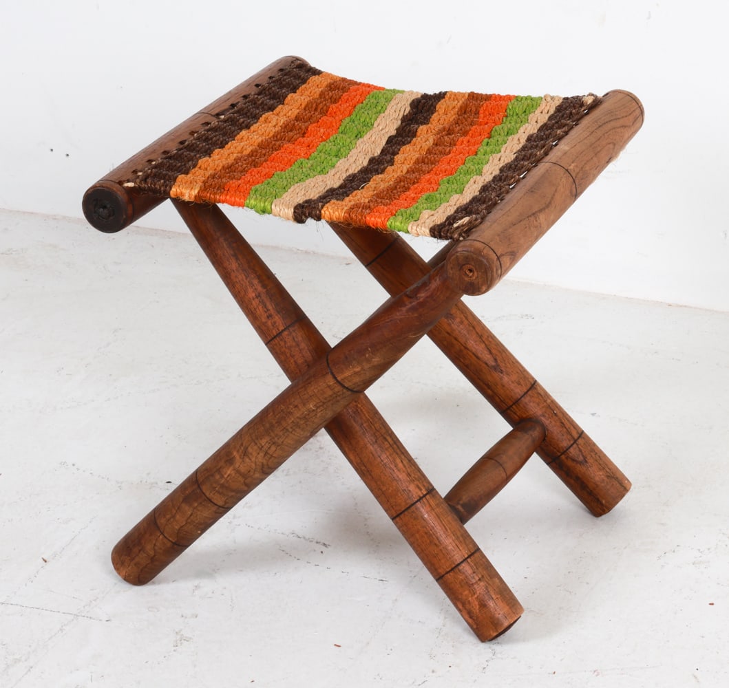 TAPESTRY & WALNUT STOOL: Woven tapestry seat. Dimensions: H 15" x W 14.75" x D 14" Condition: Scattered marks and rubbing on frames.