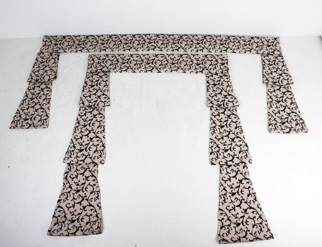 LINEN & VELOUR 'VECCHIO' CURTAINS: Linen with indigo-tone velour scroll accents. Cotton under lining. Dimensions: (Widest panel) H 58.25" x W 137.5" (Tallest panel) 93.75" x W 84" Singular panel width 21.5" Condition: Center post to sm