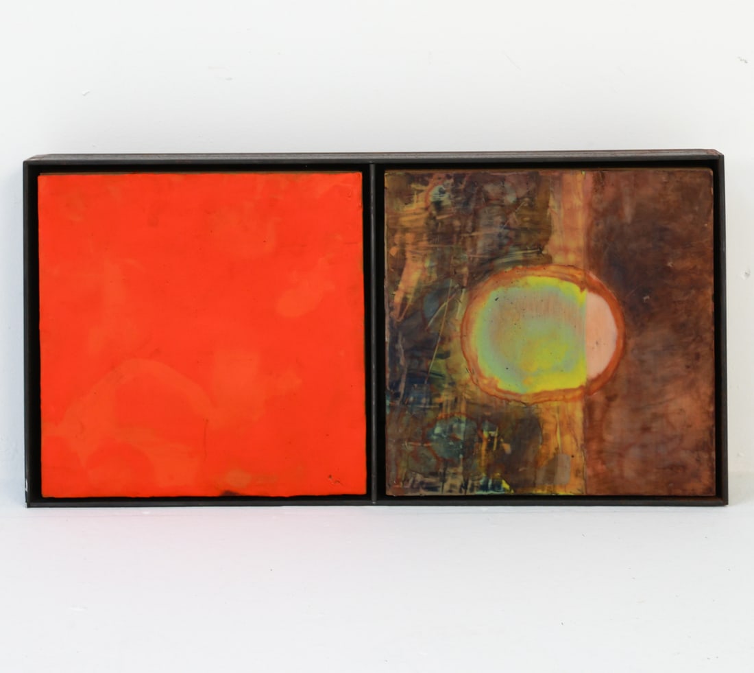 JANET SLOM MIXED MEDIA ABSTRACT PAINTING: Signed by artist to verso. On wood boards. Frames in welded metal frame. Frame: H 12.75" x W 25.5" Sight: H 11.75" x W 11.75" Condition: Moderate blemishes and oxidation to metal frame. Wear consisten