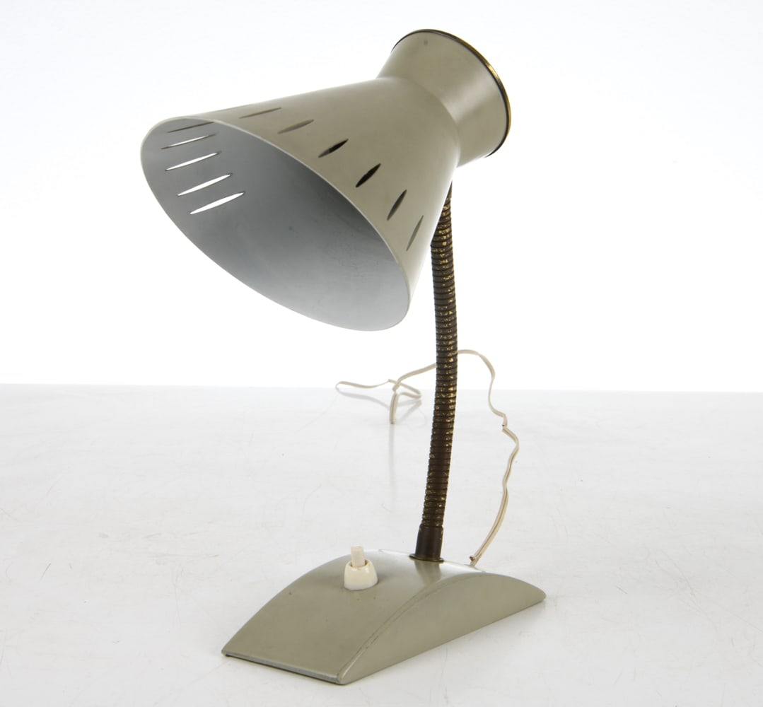 STYLE OF BUSQUET GOOSENECK DESK LAMP C.1950'S: In the style of Herman Theodoor Jan Anthoin Busquet for Hala Zeist. Europe, c. 1950's. Dimensions: H 11" x W 8.25" x D 2.5". Condition: Wiring untested, European plug. Brass finish rubbed off from nec