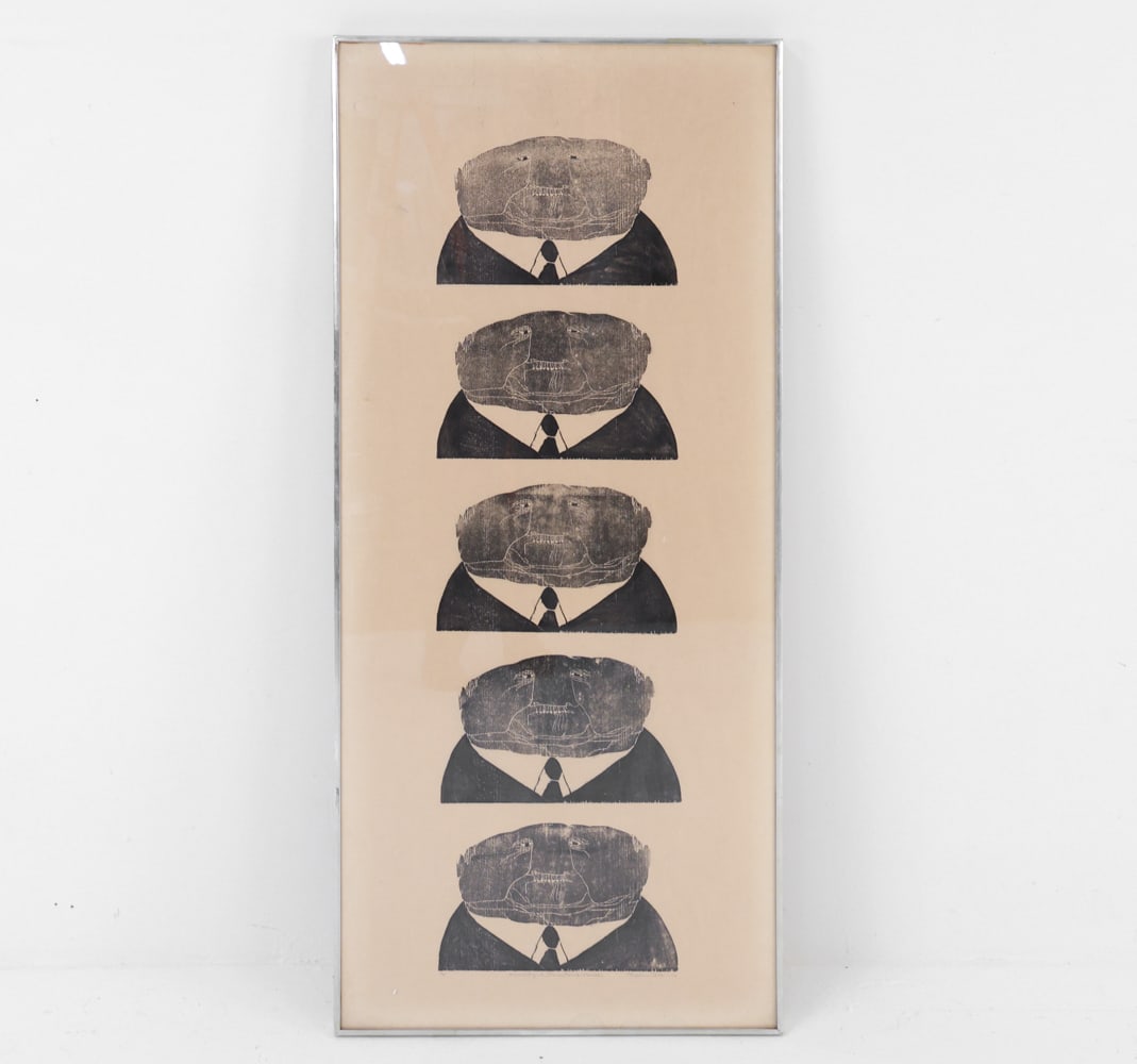 STEPHEN OSBORNE WOOD CUT PRINT C. 1970'S: Signed by artist to lower edge. Dimensions: H 48.25" x W 21.25" Sight: H 47.75" x W 20.785" Condition: Slight warp to metal frame and scuff and scratches. Wear consistent with age and use.