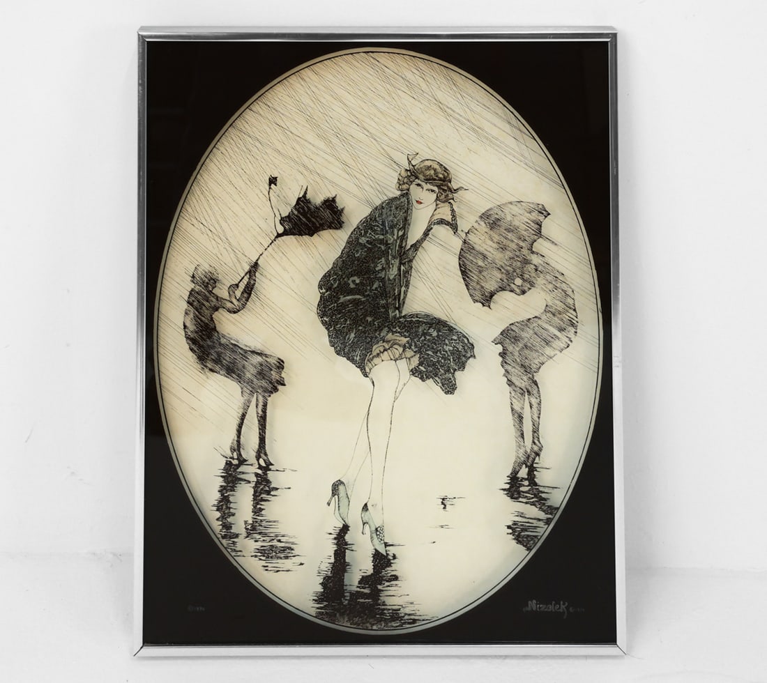 PAUL NIZOLEK VINTAGE PRINT 'WOMEN IN THE STORM': print on plexiglass. Dimensions: Frame H 20.5" x W 16.25". Sight H 19.5" x W 15.5". Condition: Few light scuffs and scratches to frame. Wear consistent with age and use.