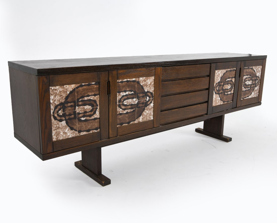 POUL H POULSEN DANISH OAK OXART TILE SIDEBOARD: For Gangso Mobler. Ceramic tiles on cabinet doors, signed on right-most door. Adjustable shelves. Denmark. Dimensions: H 30.75" x 85" x D 18.25". Condition: Few scuffs and rubs, mostly on edges and co