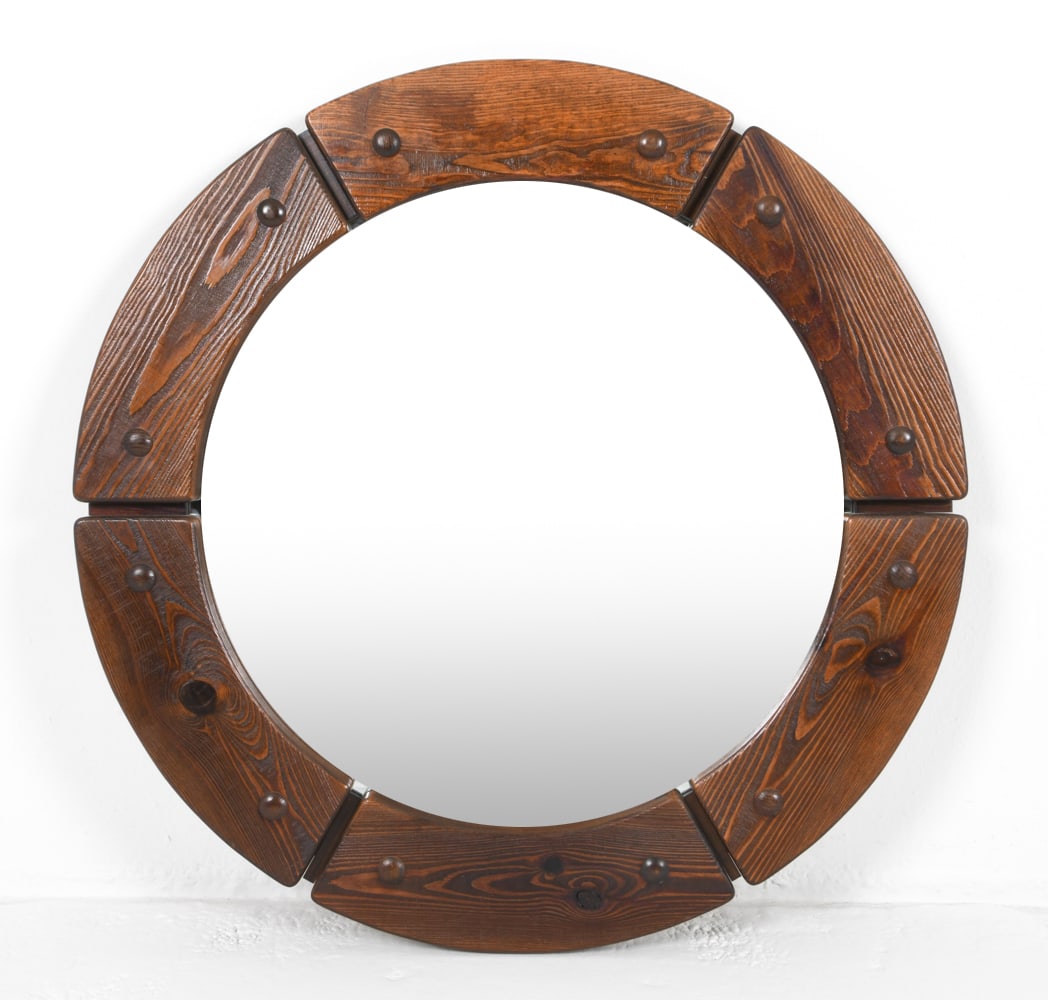 DANISH PINE ROUND WALL MIRROR C. 1970'S (1 of 7)