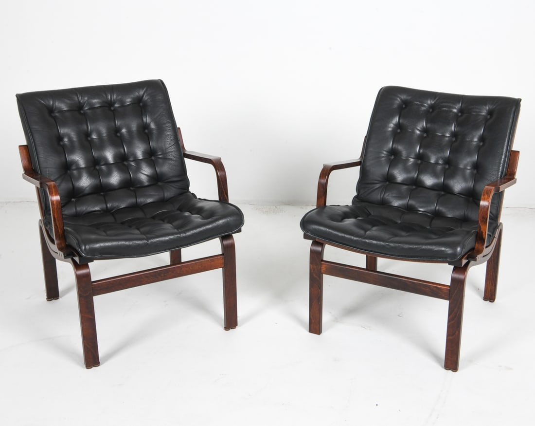DANISH BEECH & LEATHER LOUNGE CHAIRS C. 1960'S: Norwegian. Dimensions: H 30" x W 28.5" x D 30" x SH 17". Condition: Few light scuffs to leather and frames, good presentation overall. DMM105