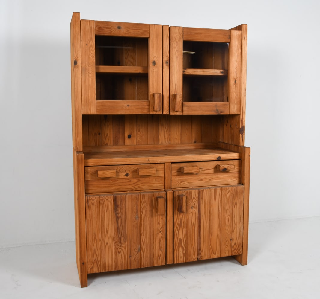 HANS FRYDENDAL 'CHRISTIAN IV' PINE CABINET: Glass-door cabinet sits freely on chest base. Denmark, circa 1970's. Dimensions: As displayed H 71" x W 47.75" x D 17.5". Top Piece H 35". Condition: Minor scuffs and scratches, wear consistent with a