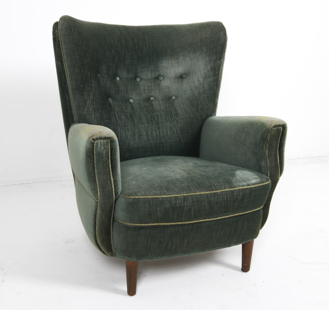 FRITS HENNINGSEN STYLE DANISH MOHAIR LOUNGE CHAIR: Tapered beech legs. Denmark, circa 1950's. Dimensions: H 36.25" x W 31" x D 26" x SH 15.75". Condition: Some balding to mohair on arms. Few scuffs and scratches to legs. Wear consistent with age and u