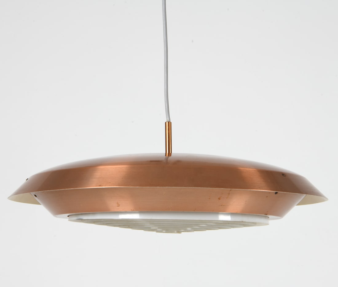 LYFA SPACE-AGE SAUCER PENDANT LIGHT C. 1960'S: Aluminum shade with brushed copper finish. Tag inside shade. Dimensions: H 7" x Dia. 19". Condition: Wiring untested. Few scuffs and scratches to shade. Wear consistent with age and use. DMM200