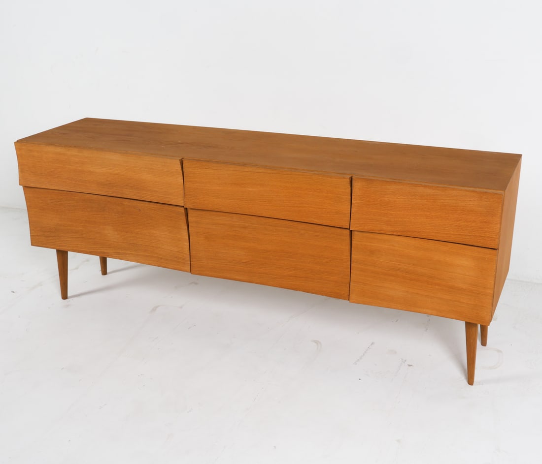 SOREN ROSE DANISH OAK SIDEBOARD CABINET: Dimensions: H 27.25" x W 71" x D 17.25". Conditions: Light surface wear consistent with age and use, presents well overall, PER C021