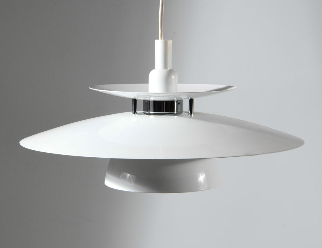 HENNINGSEN STYLE DANISH PENDANT LIGHT: Denmark, circa 1990's. Dimensions: H 10" x Dia. 17". Condition: Wiring untested. Good presentation overall. DMM201