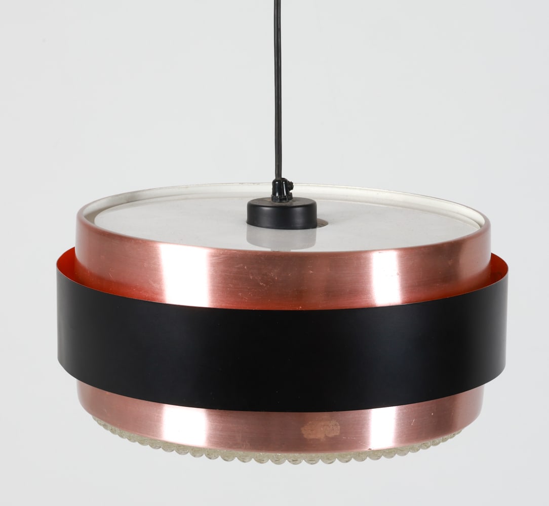JO HAMMERBORG PENDANT LIGHT C. 1960'S: For Fog & Morup. Denmark. Dimensions: H 7" x Dia. 13.5". Condition: Wiring untested. Few light scuffs and rubs to finish. Wear consistent with age and use. G072