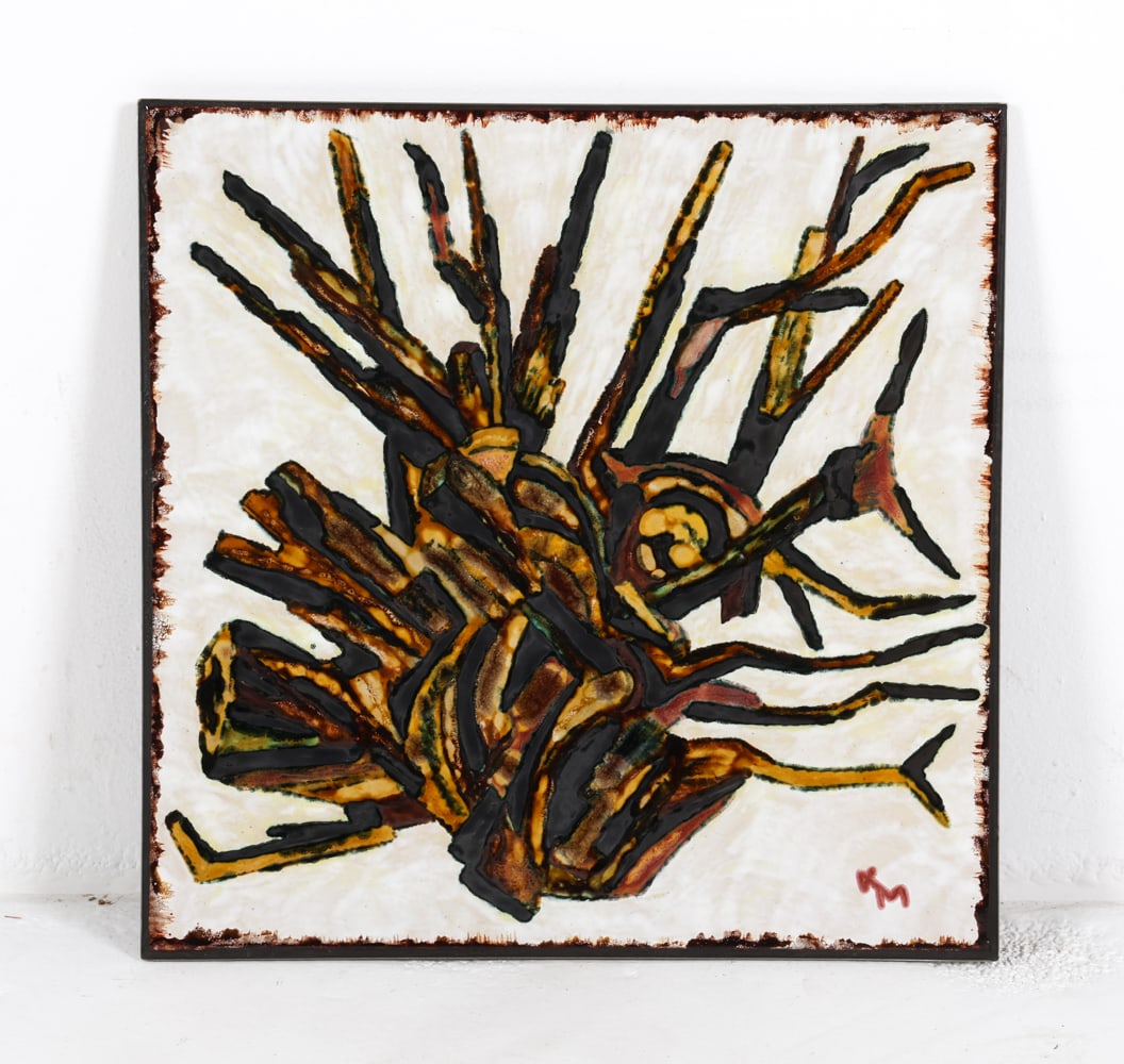 SCANDINAVIAN ABSTRACT CERAMIC: Signed 'KM' in lower right corner. 20th century. Dimensions: H 23.75" x W 23.75". Condition: Few minor rubs to frame edge, good presentation overall. DMLO29