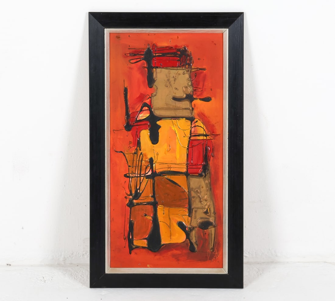 FINN JOHANSEN (DANISH B.1942) ABSTRACT O/B: Signed on corner. Artist bio on backside, Frame: H 28" x W 15.25" Sight: H 23.25" x W 11.25" Condition: Minor nicks and marks to frame. Minor paint loss on lower board. Wear consistent with age and us