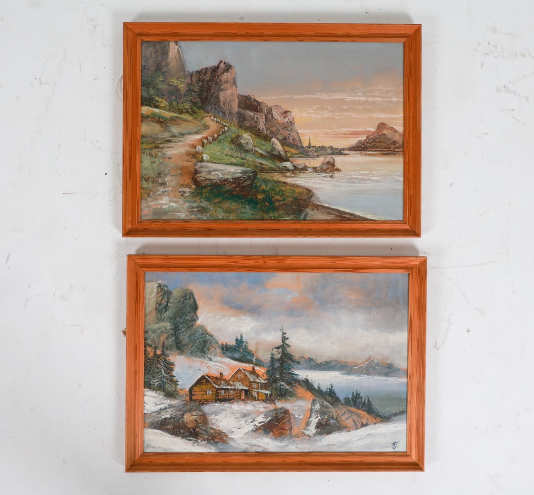 (2) 20TH C. DANISH LANDSCAPE A/P PAINTINGS: One signed AJ on corner. Dimensions: H 19.25" x W 27" Sight; H 16" x W 24" Condition: Slight nicks and scuffs on wood frames. Wear consistent with age and use. PER C175 PER C174