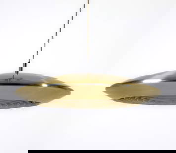 JO HAMMERBORG 'DISKOS' DANISH BRASS PENDANT LIGHT: For Fog & Morup. Denmark, circa 1970's. Dimensions: H 3" x Dia. 18.5". Condition: Wiring untested. Few scuffs and thin surface scratches to top. Some discoloration inside shade. Wear consistent with a