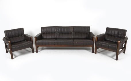 NORELL STYLE BEECH & LEATHER SOFA SUITE C. 1970'S