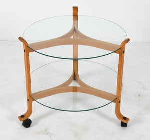 DANISH BEECH & GLASS ROLLING SIDE TABLE C. 1970'S
