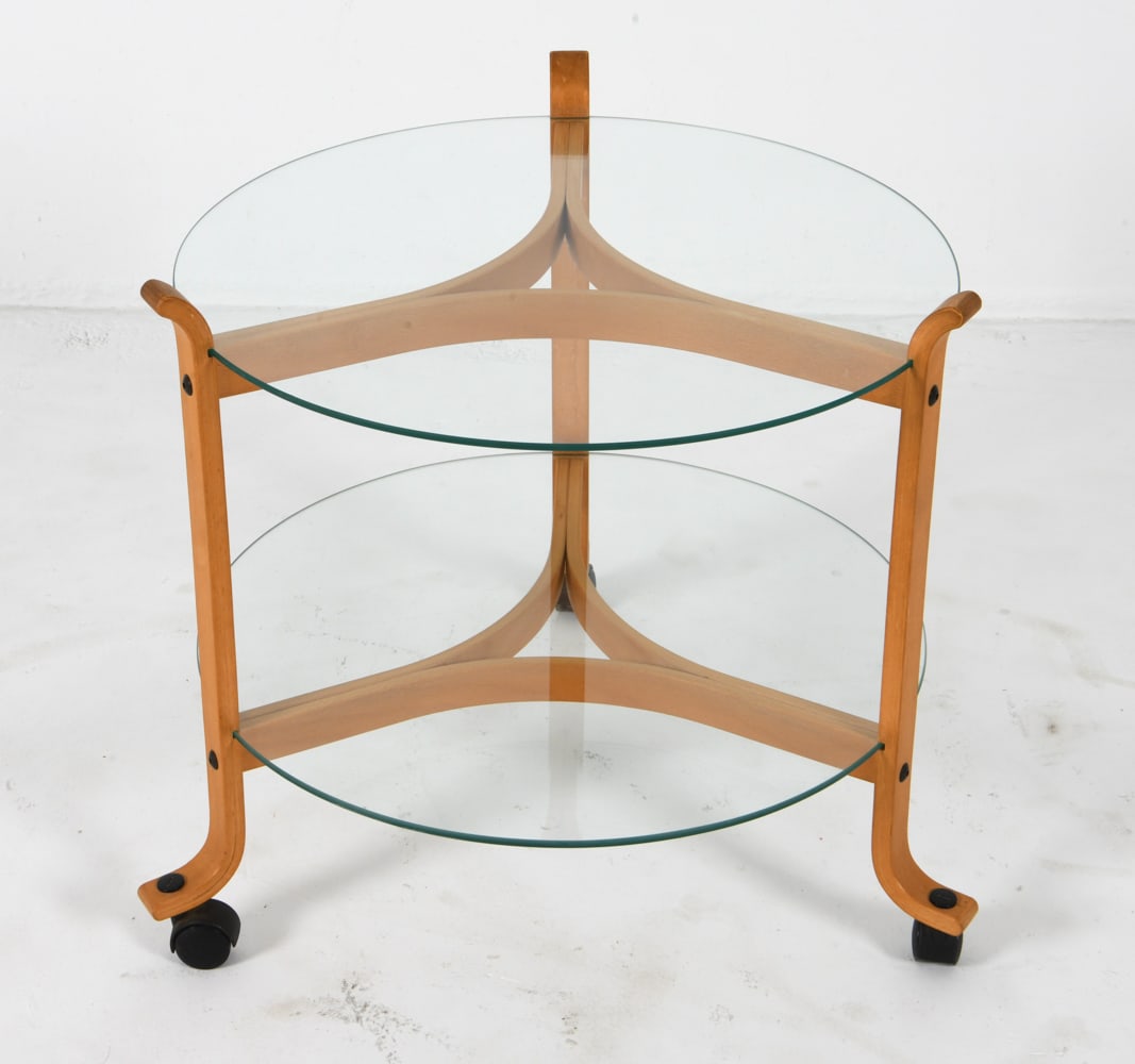 DANISH BEECH & GLASS ROLLING SIDE TABLE C. 1970'S (1 of 10)