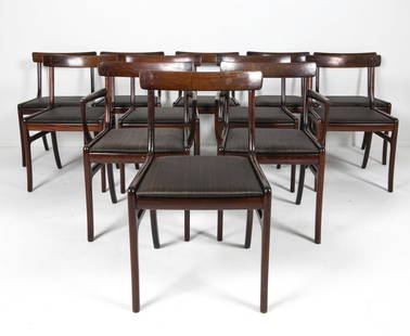 (12) OLE WANSCHER DANISH 'RUNGSTEDLUND' CHAIRS: Mahogany frames with horsehair fabric seats. Tags underneath. Denmark, circa 1960's. Dimensions: H 31" x W 20.5" x D 18" x SH 17.25". Condition: Few scuffs, rubs, dings to wood. Some discoloration to