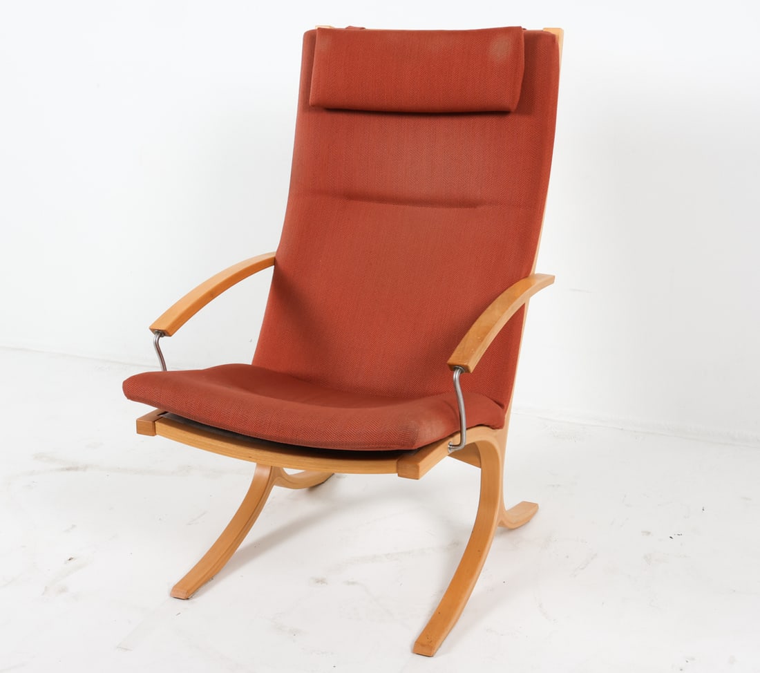 MOGENS HANSEN 213 BEECH EASY CHAIR C. 1970'S: Beech frame with wool upholsterery. Denmark. Dimensions: H 42" x W 25" x D 25.5" x SH 16". Condition: Few faint water spots to arms. Wear consistent with age and use. B092