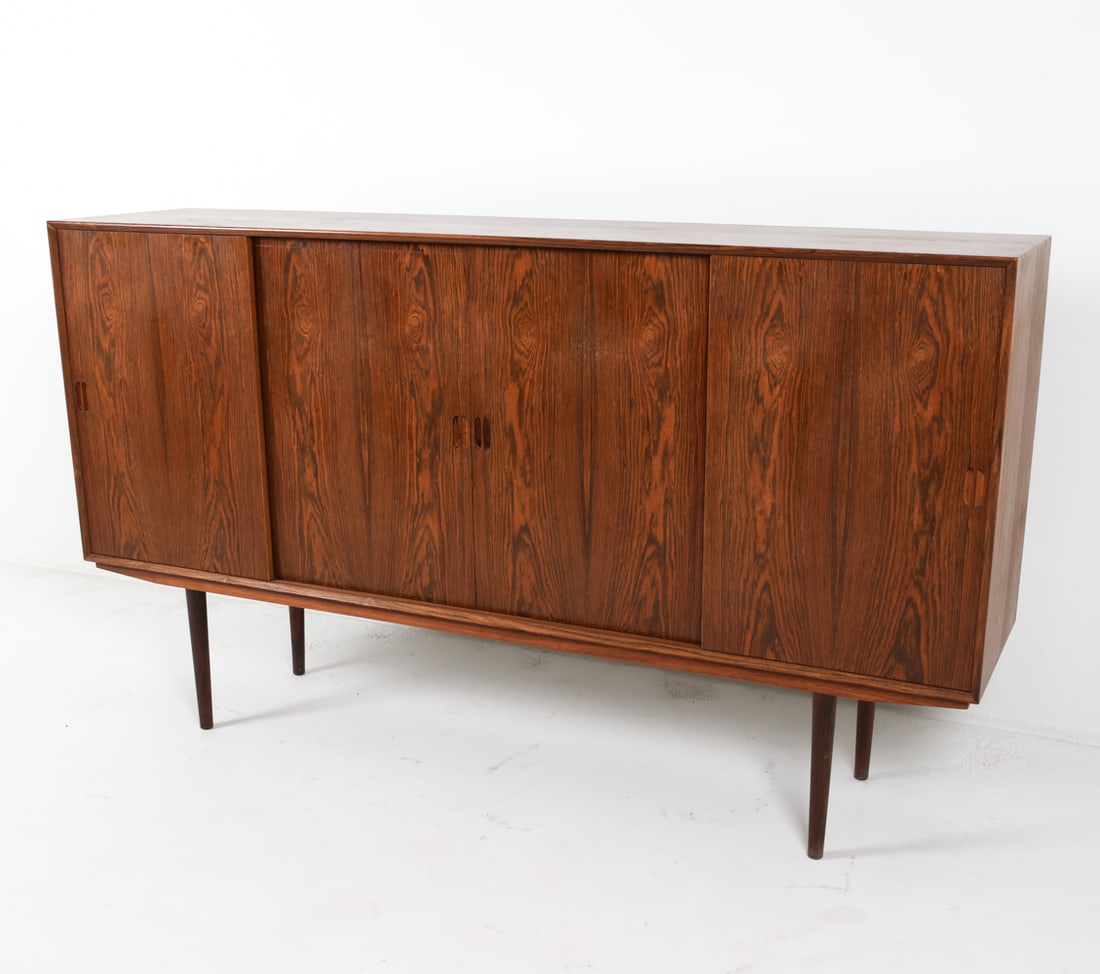 DANISH ROSEWOOD SIDEBOARD C. 1970'S: Dimensions: H 43" x W 75" x D 17". Condition: Some fading to top. Few water rings inside. Wear consistent with age and use. B152