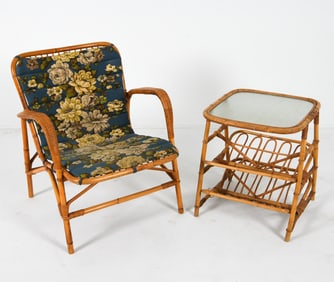 DANISH BAMBOO LOUNGE CHAIR & SIDE TABLE C. 1950'S