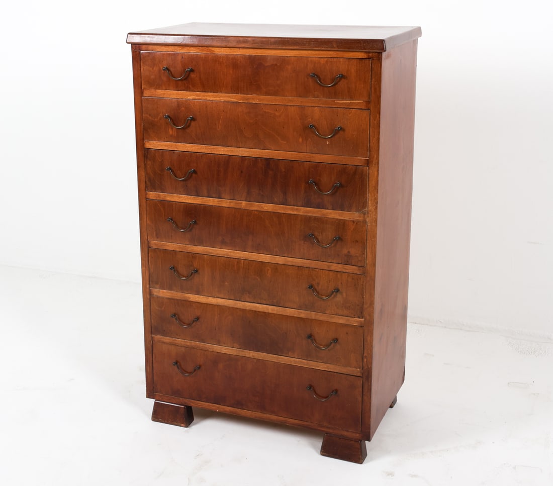 ART-DECO DANISH BEECH TALLBOY DRESSER C. 1930'S: With brass hardware. Dimensions: H 45.5"x W 28.25"x D 16.25" Condition: Moderate nicks and dings on surface edges. Minor loss to finish. Wear consistent with age and use. B014