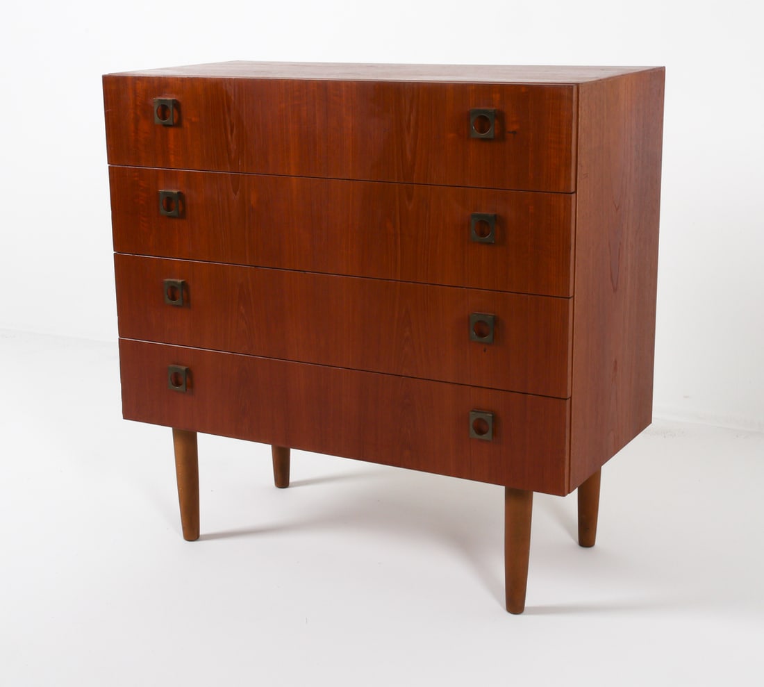 ARNE VODDER DANISH TEAK CHEST C. 1960'S: Brass ring drawer pulls. Dimensions: H 34" x W 34.5" x D 16". Condition: Some scuffs and scratches, longer scratches on sides. sun fading marks to top B013