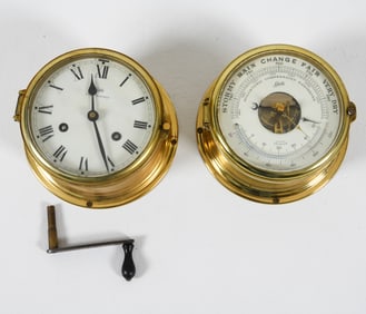SCHATZ BRASS SHIPI'S CLOCK & BAROMETER C. 1970'S