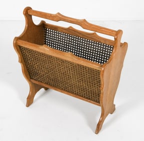 KJAERNULF STYLE OAK & CANE MAGAZINE RACK C. 1970'S