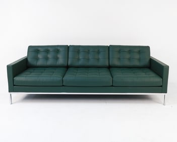 FLORENCE KNOLL GREEN LEATHER THREE SEATER SOFA