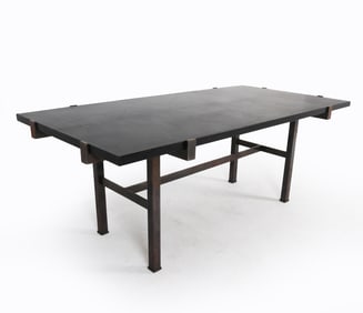 CONTEMPORARY STEEL & LEATHER CLAD DINING TABLE