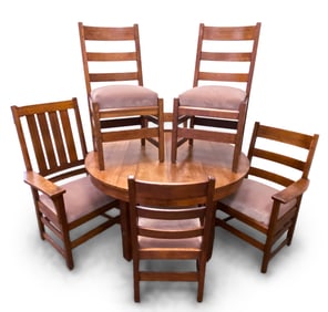 L & J. G. STICKLEY OAK DINING TABLE AND (6) CHAIRS