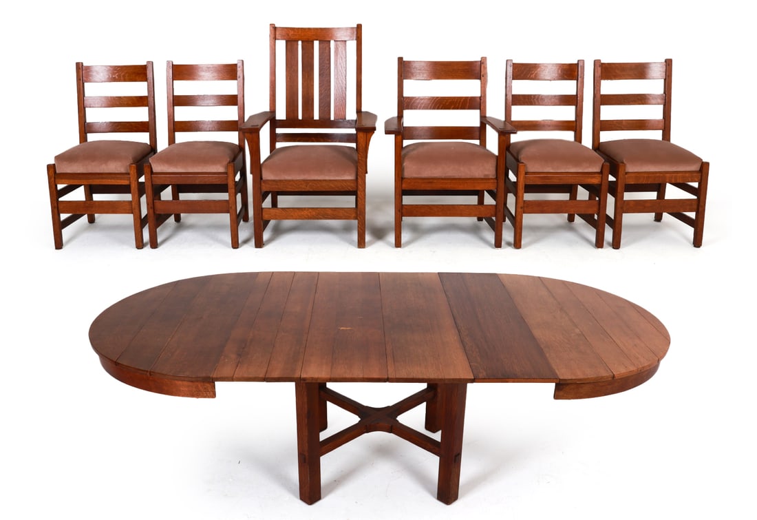 L & J. G. STICKLEY OAK DINING TABLE AND (6) CHAIRS (1 of 20)