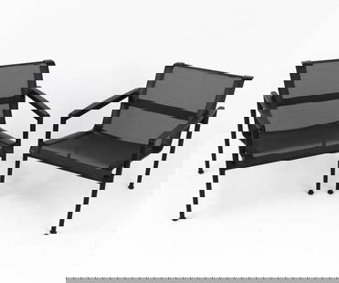 PAIR OF RICHARD SCHULTZ FOR KNOLL LOUNGE CHAIRS: From the 1966 collection by Richard Schultz for Knoll. With the Schultz tag on verso of both backrests. Black aluminum frame with vinyl-coated polyester mesh seats. Dimensions: H 26.5" x W 26" x D 28"