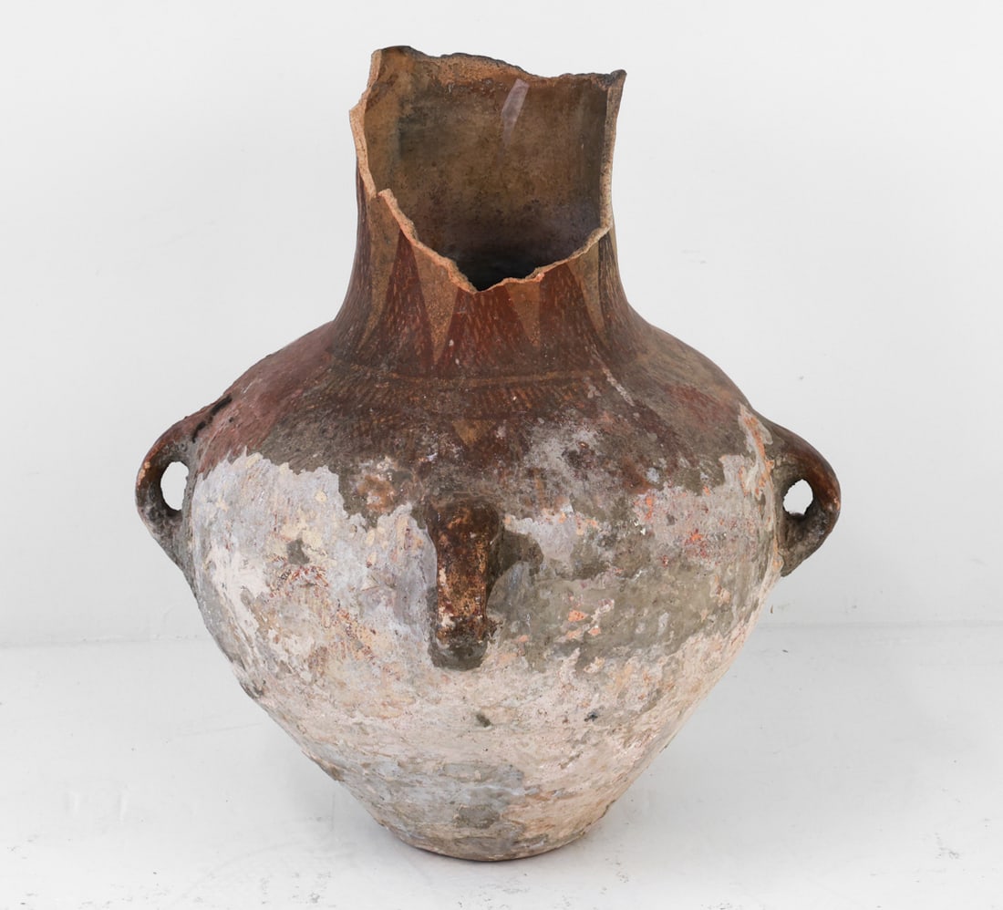 ANCIENT TERRACOTTA AMPHORA: Dimensions: H 28" x Dia 23" Condition: Crack and losses. Rubbing of exterior surface. Wear consistent with age and use.
