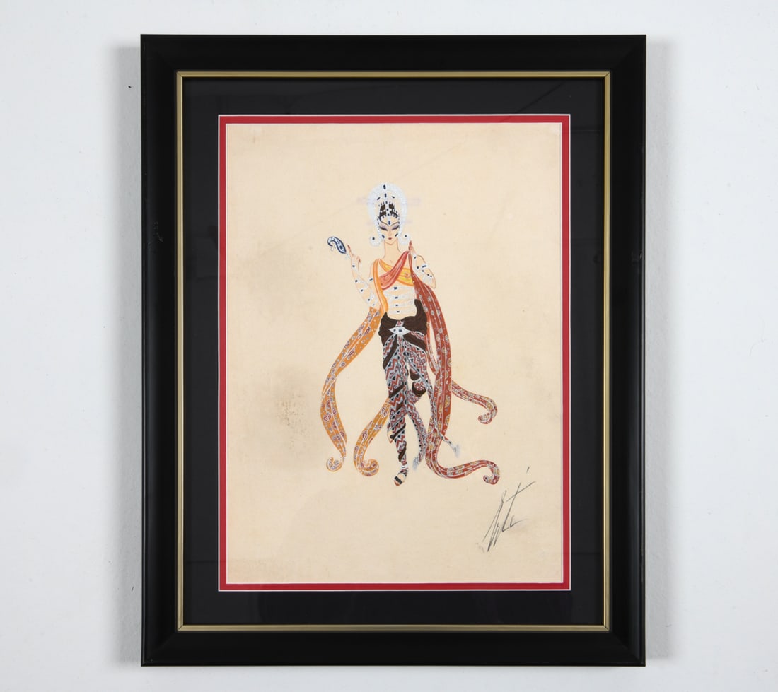 ERTE ROMAIN DE TIRTOFF (1892-1990) GOUACHE: Costume design. Signed/stamped on back, right side of figure. Dimensions: Frame H 20" x W 16". Sight H 14.5" x W 10.5". Condition: Few scuffs to surface. Not examined out of frame.