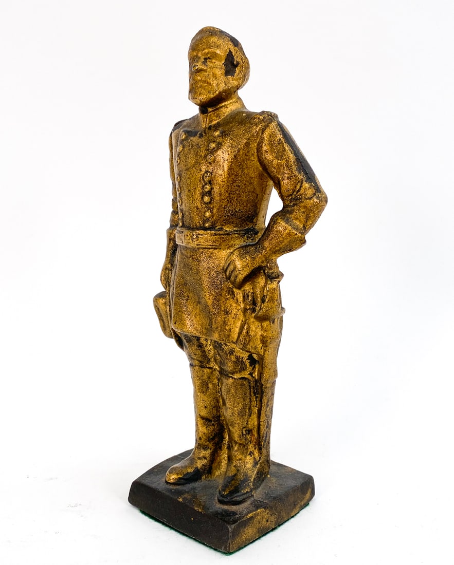 CAST IRON SCULPTURE OF ROBERT E. LEE: Gilded cast iron doorstop/bookend commemorating the Gettysburg Battle reunion, circa 1930's. Initialed on verso of base JW. Dimensions: H 7.75" x W 3" x D 2" Condition: Some loss of gilding and oxidat