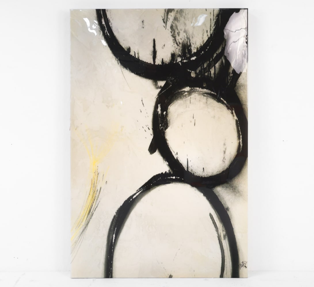 MELL D. (20TH C.) BORDEN & CLARK I ABSTRACT PRINT: Edition #700. High gloss lacquered cover/frame. Certificate of authenticity included. Dimensions: H 60" x W 40". Condition: Few light scuffs to finish.