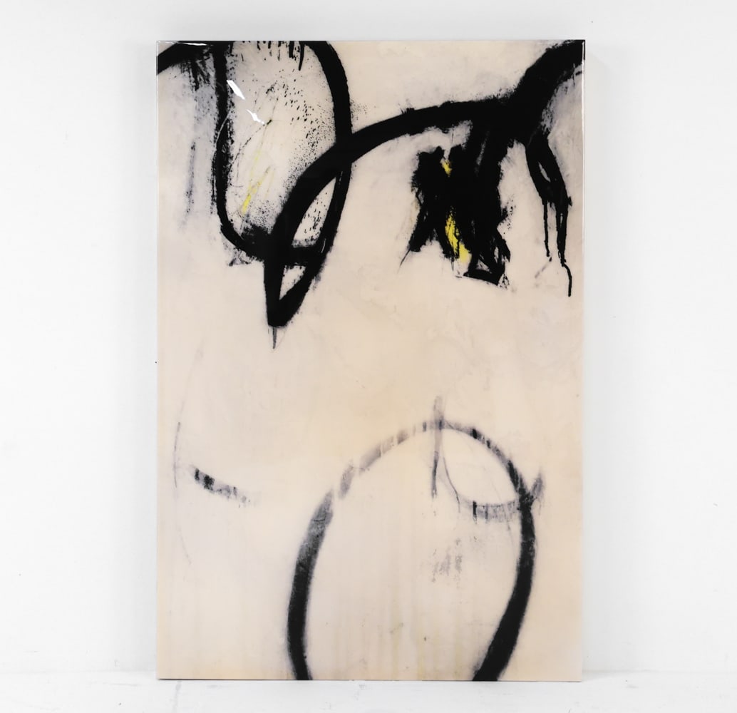 MELL D (20TH C.) BORDEN & CLARK II ABSTRACT PRINT: Edition #720. High gloss lacquered cover/frame. Certificate of authenticity included. Dimensions: H 60" x W 40". Condition: Few light scuffs to finish.