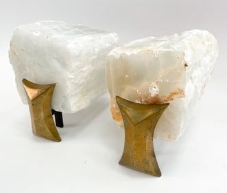 BRONZE ANDIRONS W/ CUT CALCITE BLOCKS