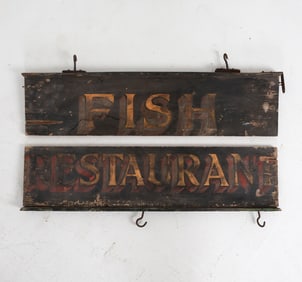 (2) ANTIQUE PAINTED SIGNS FISH & RESTAURANT