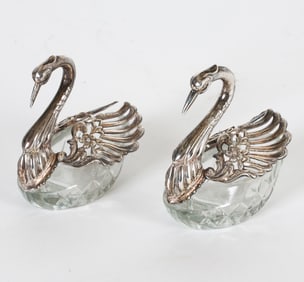 PAIR STERLING SILVER & GLASS SWAN SALT CELLARS