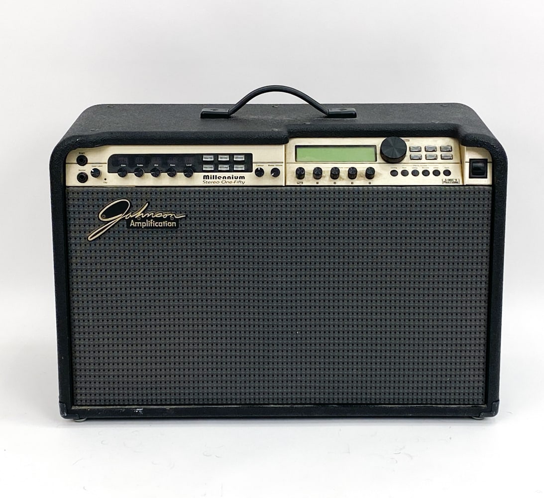 JOHNSON MILLENNIUM STEREO ONE FIFTY GUITAR AMP: Comes with 100 preset options for amp tones meant to replicate other popular sounds. Condition: Like-new. Tested. In working condition. Power cable included.
