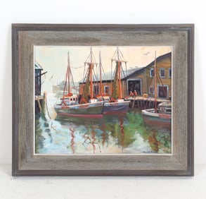 WILLIAM MENKES (20TH C.) HARBOR PAINTING O/B