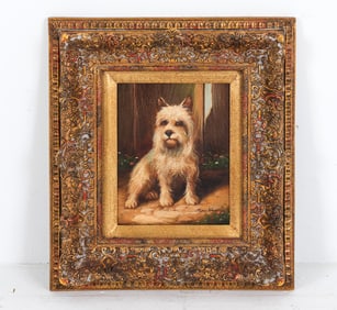 SAM HUNT (20TH C) PORTRAIT OF A DOG O/C