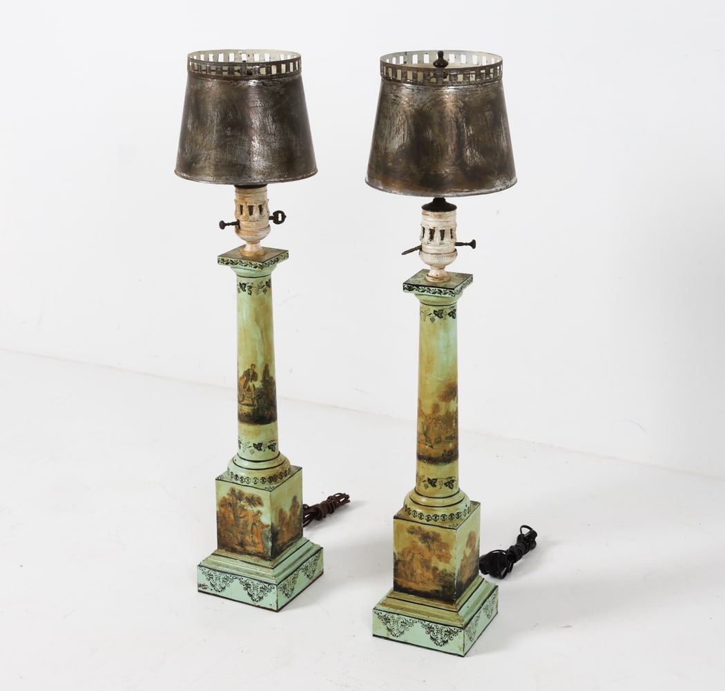 PAIR ANTIQUE FRENCH EMPIRE STYLE TOLE TABLE LAMPS (1 of 20)